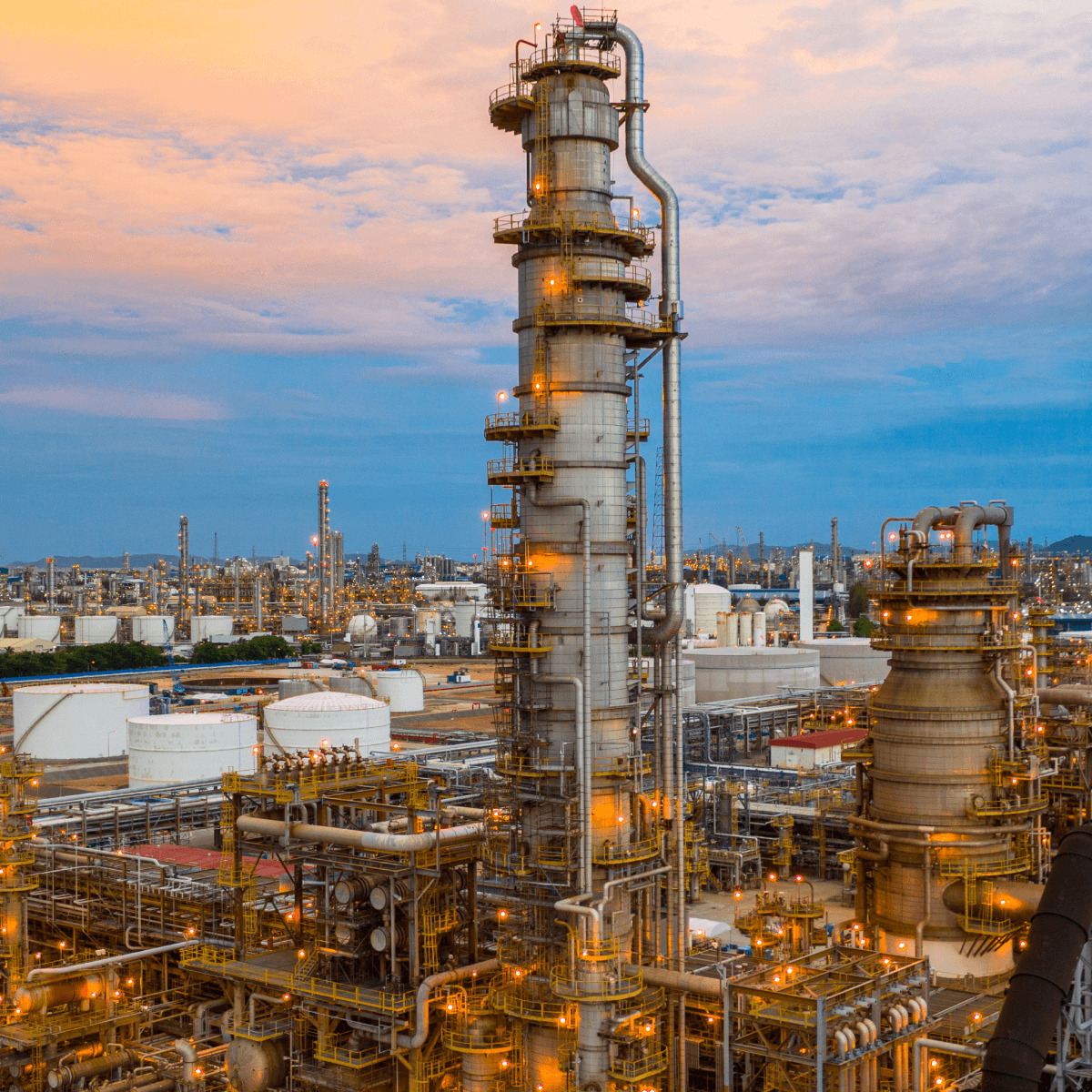 A sprawling oil refinery illuminated at sunset, highlighting the extensive infrastructure required for oil processing and refining.