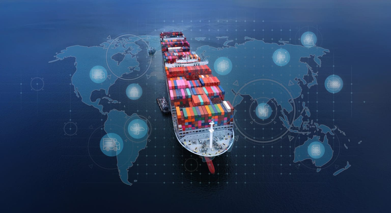 A container ship sailing with a world map and digital icons overlaid, representing the global and digital nature of modern maritime logistics.